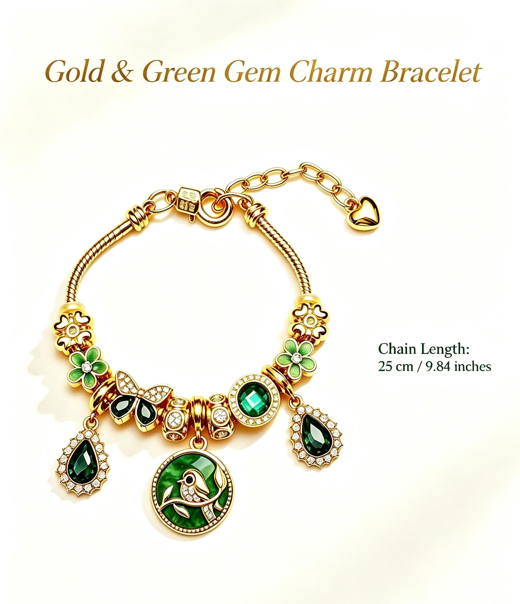 Vintage Green Enamel Bird Charm Bracelet, Gold-Tone Snake Chain with Floral & Teardrop Zircon Beads, Adjustable Fashion Jewelry for Women