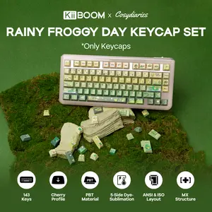 KiiBOOM X Cosydiaries Rainy Froggy Day Keycap Set MOA Profile PBT ANSI&ISO Layout Custom 143 Keys 5-Side Dye-Submilation MX Strcture for Mechanical Keyboard, Compatible with 60%, 65%, 75%, TKL, 1800, Full-sized Layout