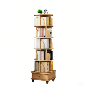 6 Tier Rotating Bookshelf 360° Display Round Spinning Bookshelf with Wheels and Drawer Space Saving Small Space Rotating Bookshelf Tower for Bedroom Living Room Home Office Wood Color
