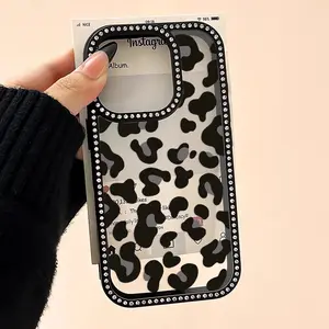 Double-side luxury rhinestone decor phone case for iPhone 17 17air 17pro 17promax 16 15 14 13 12 11 plus pro Max shockproof anti-fall full protective phone casing with black leopard prints Tempered Glass Cover Smartphone