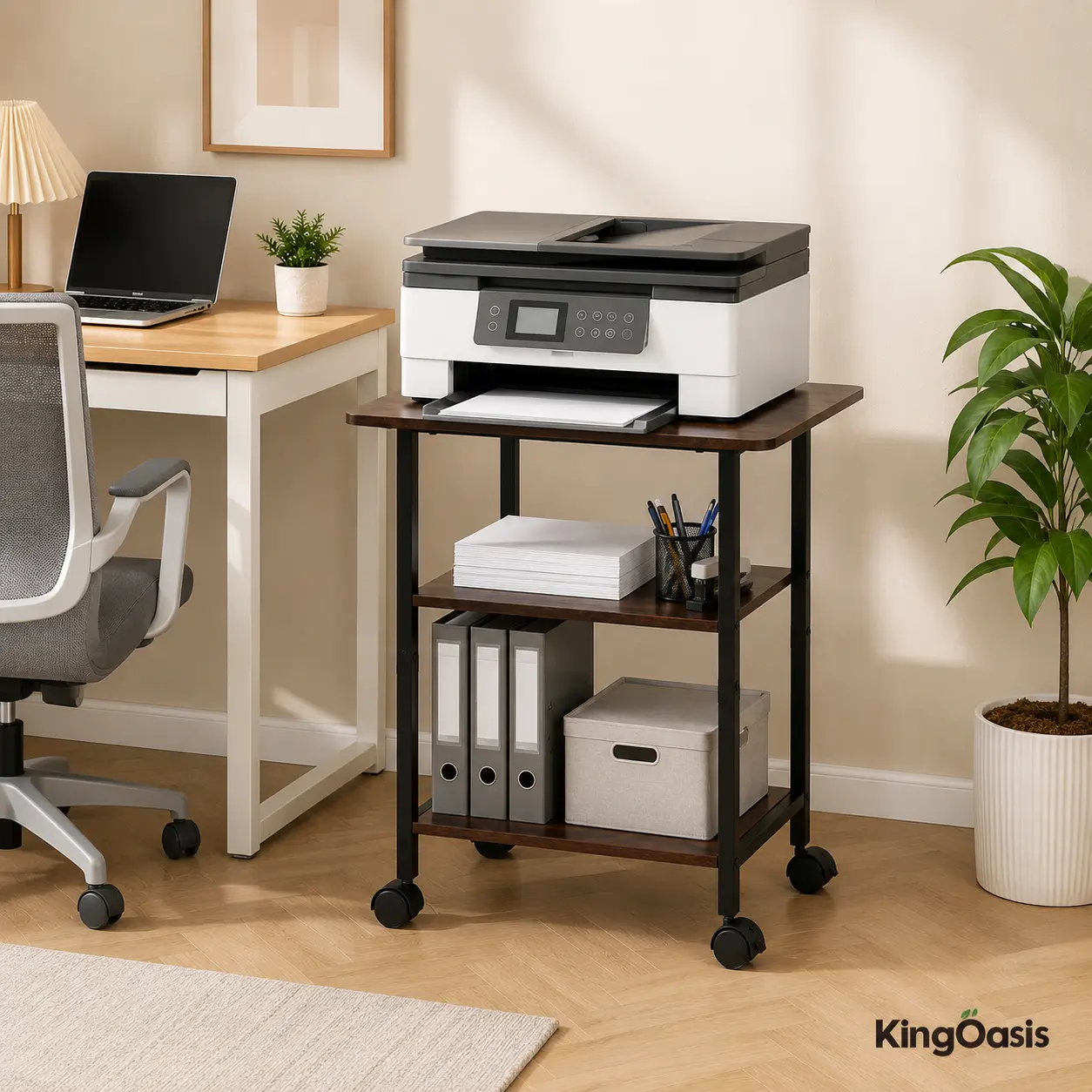 KingOasis Wood 3-Tier Compact Space-Saving Rolling Printer Stand with Wheels - Top Shelf, Binders/Papers Storage Organiser, Box, Modern Industrial Office Furniture for Home Office