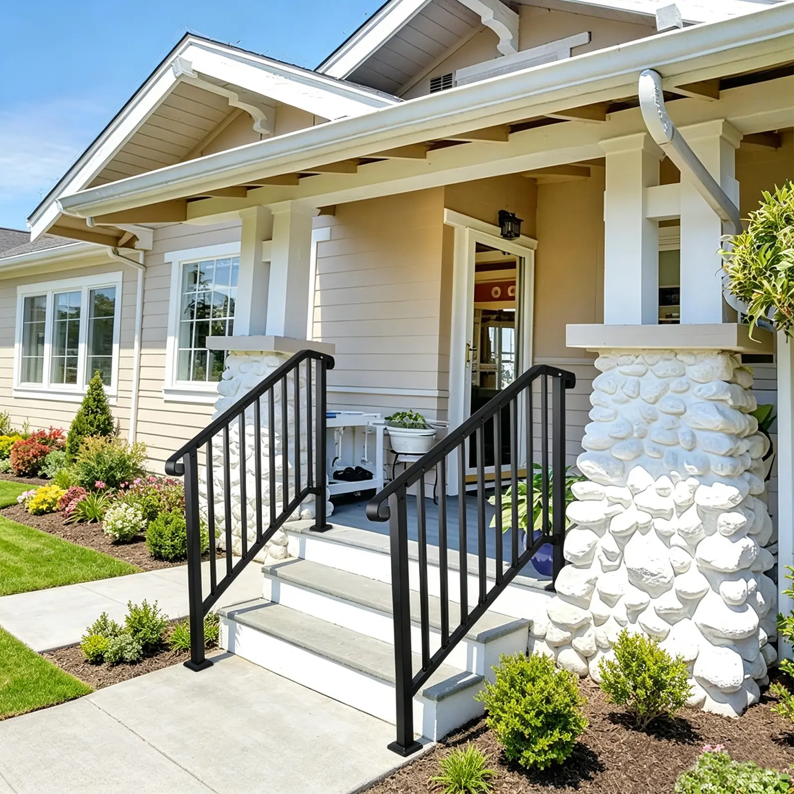 Handrails for Outdoor Steps, 3-4Step Stair Hand Rail Kit, Transitional Carbon Steel Railings with Installation Kit, Stair Rails for Seniors, Concrete Steps & Porch & Deck, Black/white Retro Arch