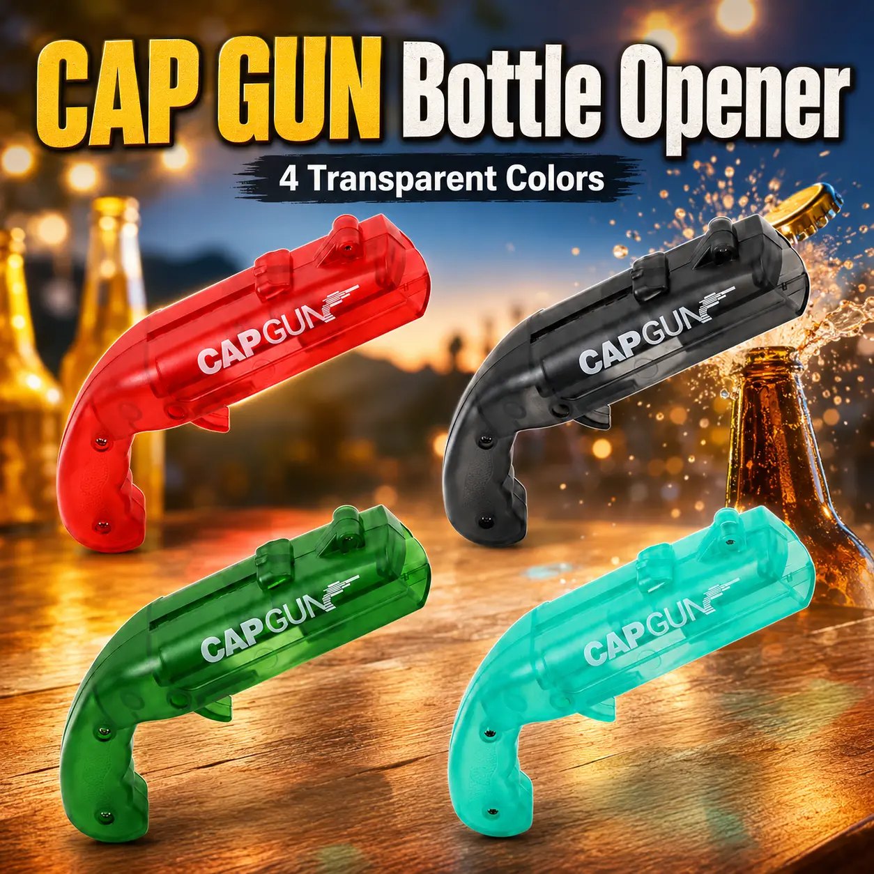 Gun-Shaped Beer Bottle Opener – Metal Cap Launcher with Transparent Accent, Funny Bar Tool for Camping, Party & Gag Gift for Beer Lovers