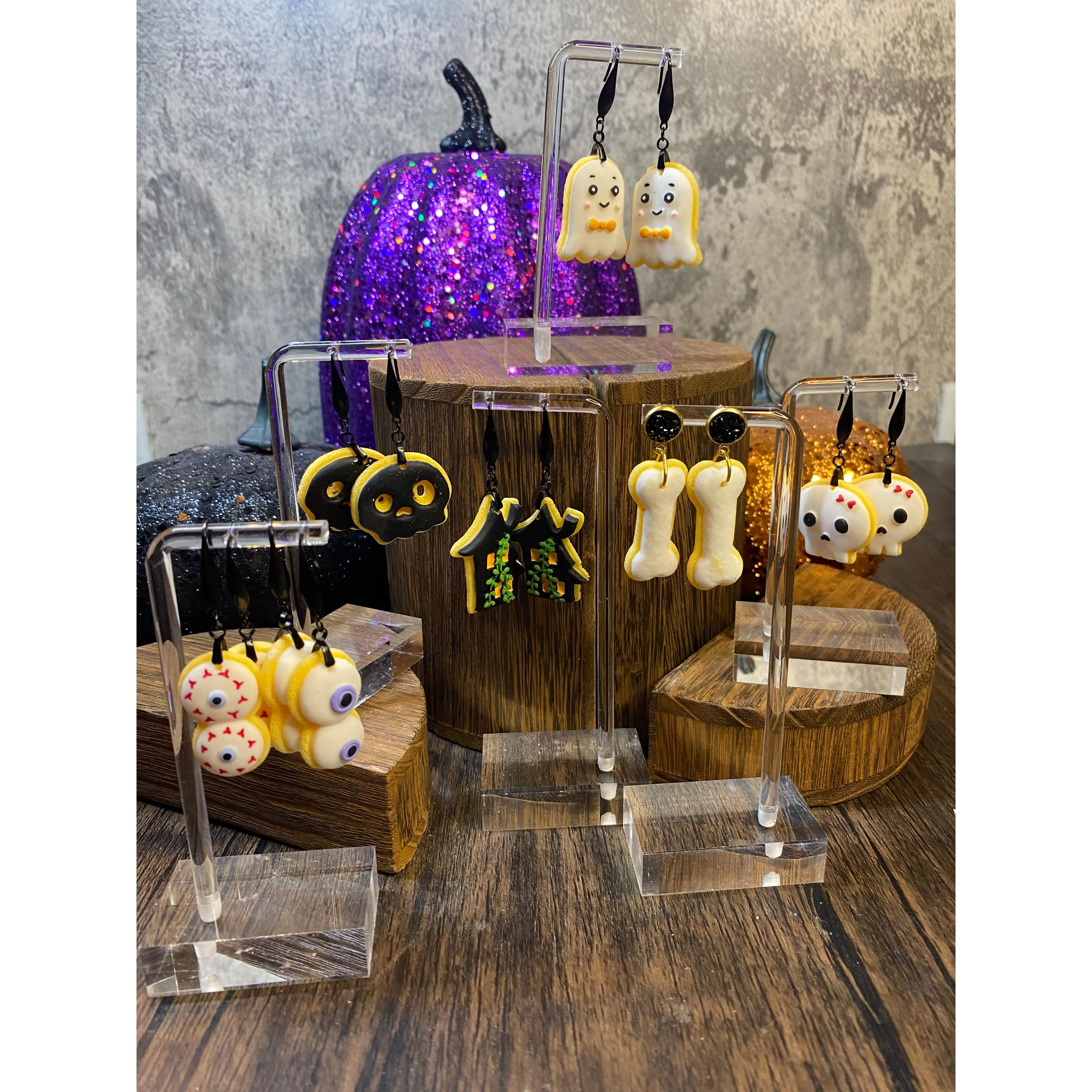 Handmade Halloween Sugar Cookie Earrings - Spooky Cute Spooky Jewelry - Ghosts, Pumpkins, and Bats Earrings - Halloween Accessories