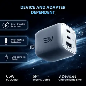 Electronic World 65W GaN Fast Charger 3-Port USB-C Wall Charger PD Fast Charging Adapter with Dual USB-C & USB-A for iPhone, Samsung, Tablet & Laptop