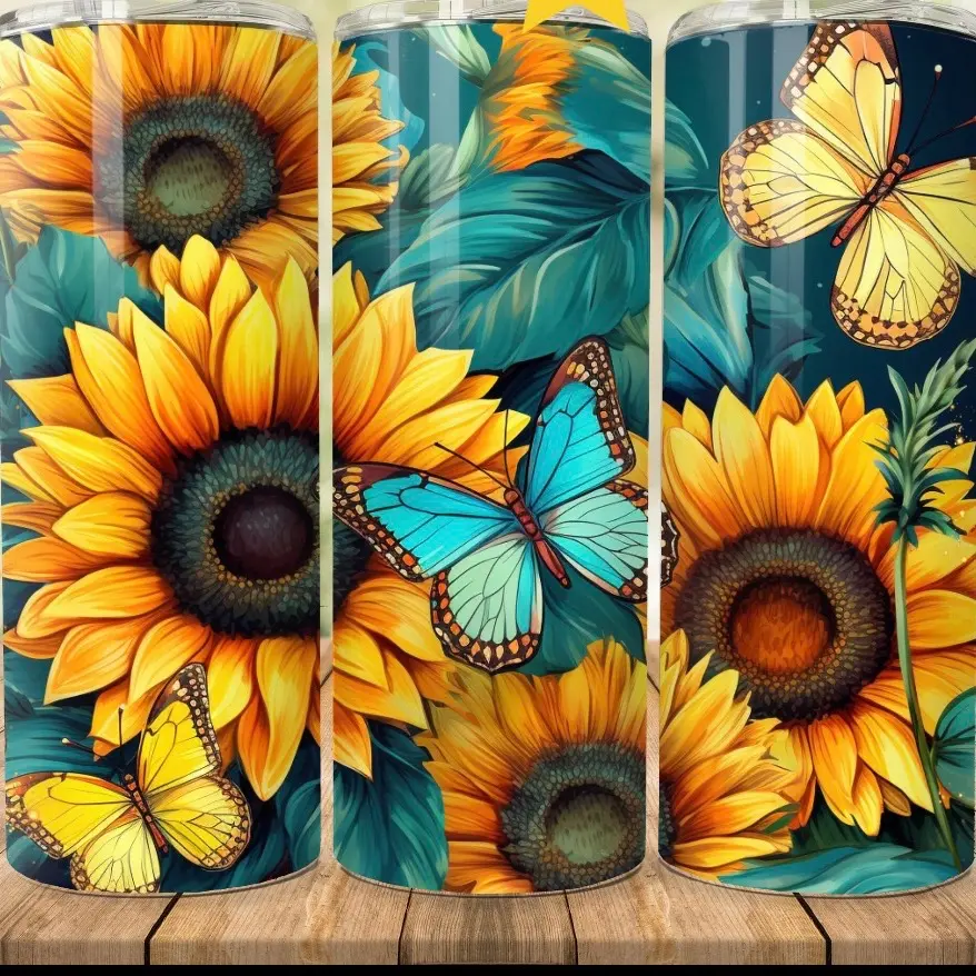 Sunflowers with blue and yellow butterflies 20oz stainless steel tumbler double insulated with straw Drinkware Bottles Water Bottles Portable Bottled Mug Flasks
