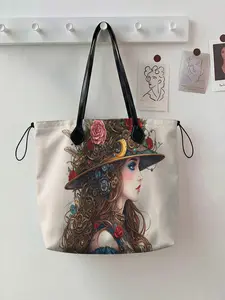Girls' Patterned Drawstring Tote Bag, Large Capacity Shopping Bag, Durable and Wear-Resistant, Random Print, Ideal for Work, Shopping, Picnic
