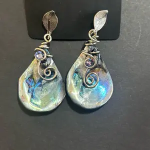Abalone Shell Glass drop earrings handmade one of a kind