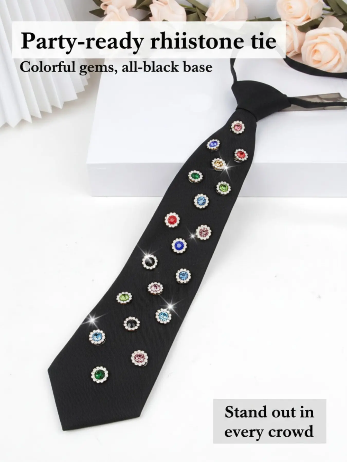 Pre-Tied Multicolor Sparkling Rhinestone Floral Tie, Adjustable Strap with Buckle, Party Accessory, Party Ready, Fashionable for Men and Women, Adjustable Tie Band