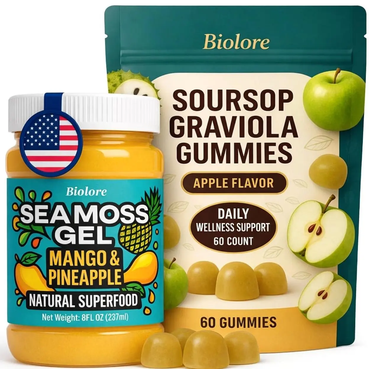 Biolore Sea Moss Gel + Soursop Gummies Bundle Set, 8 oz Gel & 60 Gummies, Mango-Pineapple and Soursop, No Added Sugar, Made in USA