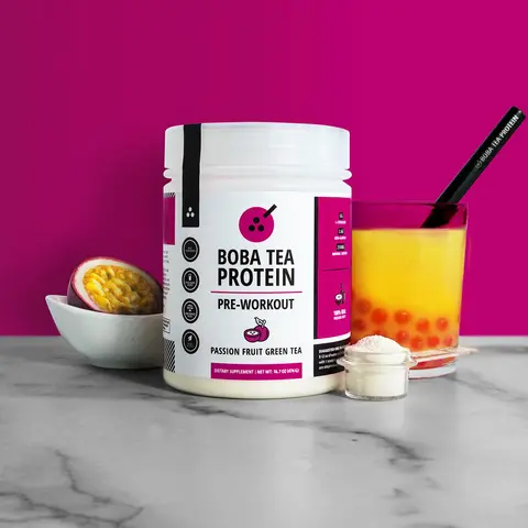 Boba Tea Protein Pre-Workout Powder - Passion Fruit Green Tea Flavor, Natural Smooth Real Fruit Blend, Tested Safe Nutrition Supplement, Energy Boost for Fitness Enthusiasts (Protein Pre-Workout Products)