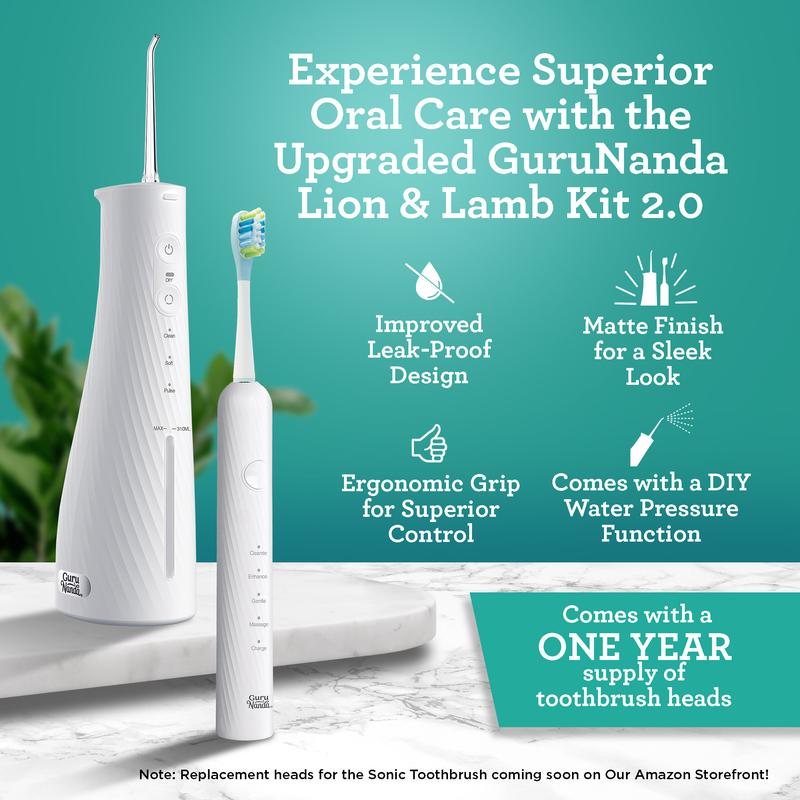 GuruNanda Lion & Lamb Kit 2.0, Electric Toothbrush with Water Flosser Combo, 4 Jet Tips, 4 Brush Heads & IPX7 Waterproof Design for Complete Oral Care