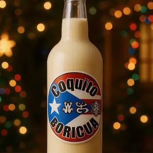 Coquito Sticker Label with Puerto Rican Flag Design and Iconic Coquito Elements for Authentic Decoration 12 pack Waterproof Vinyl Durability Festive