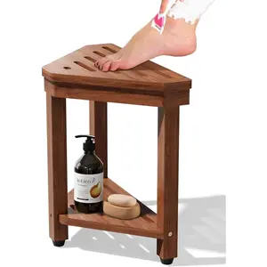 Shower Foot Rest 15 in, Acacia Shower Stool for Shaving Legs, Corner Bath Shower Bench with Storage Shelf for Inside Small Shower Spaces