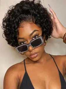 Women's Short Curly Lace Front Wig, Fairy Bangs, 13x1 Real Hair, Pre-Combed, No Glue, Natural Color, Density About 150%, Brazilian Virgin Hair