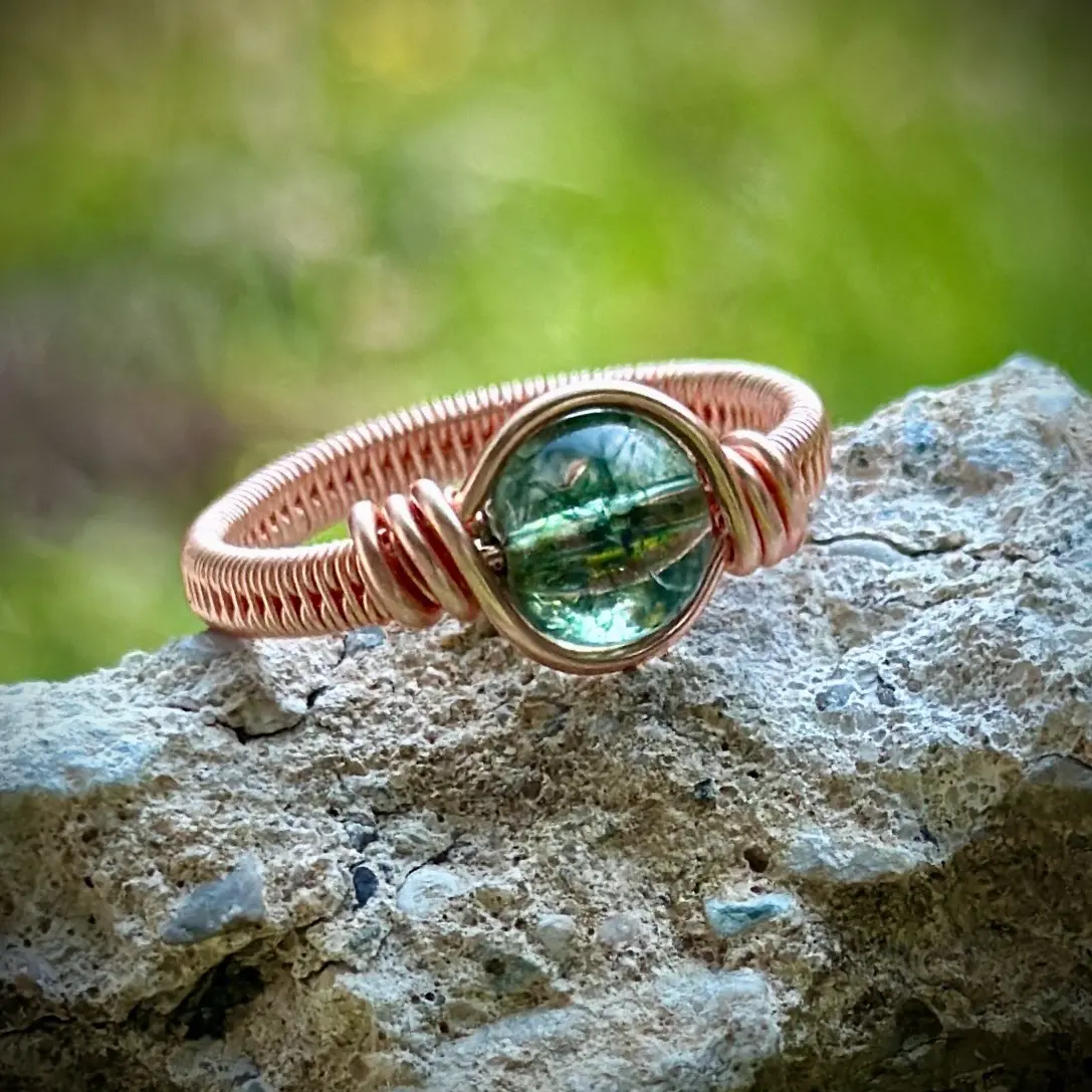 Copper and Green Phantom Quartz Ring - Elegant Design with Unique Color Combination