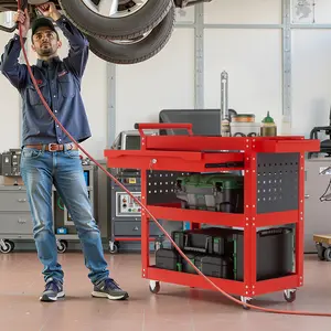 3 Tier Rolling Tool Cart on Wheels,Heavy Duty Utility Organizer with Drawer, Metal Service Cart for Garage Workshop,Red Racks with 4 Wheels and 7 Hooks