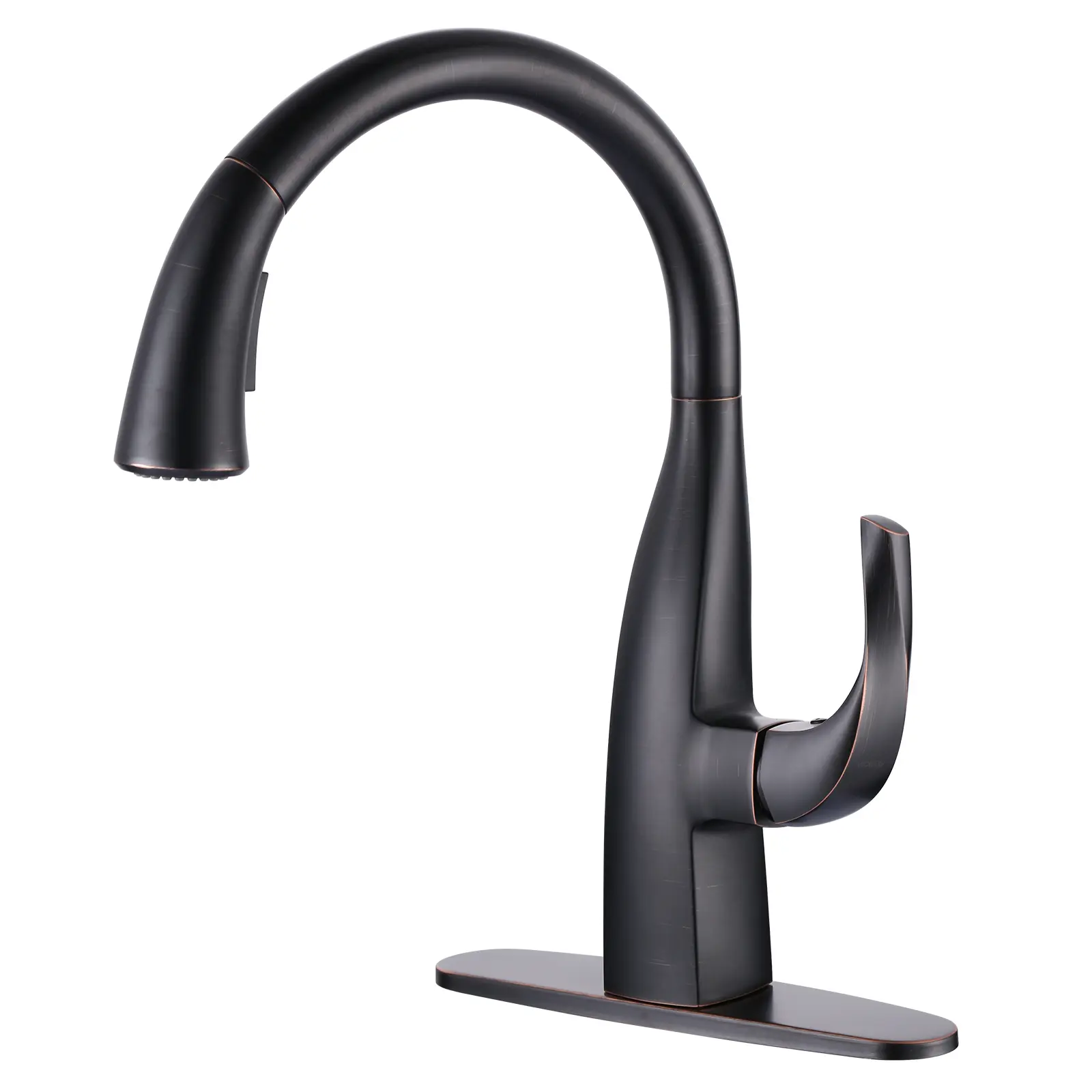 WOWOW Single Handle Pull Down Pull Out Sprayer Kitchen Faucet, Vintage Rotatable Rotary Gooseneck Kitchen Tap with Included Deckplate, Oil Rubbed Bronze Finish, Pull Out Faucet, Rotatable Rotary Faucet