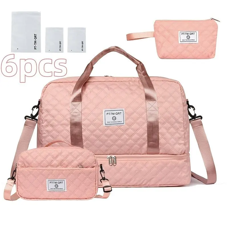 Solid Color Large Capacity Multifunctional Travel Bag Set, Letter Pattern Zipper Travel Bag with Shoe Compartment, Casual Sports Fitness Bag for Women & Men, Weekender Travel Set, Travel Essentials, Daily Travel Bag, Traveling Bag