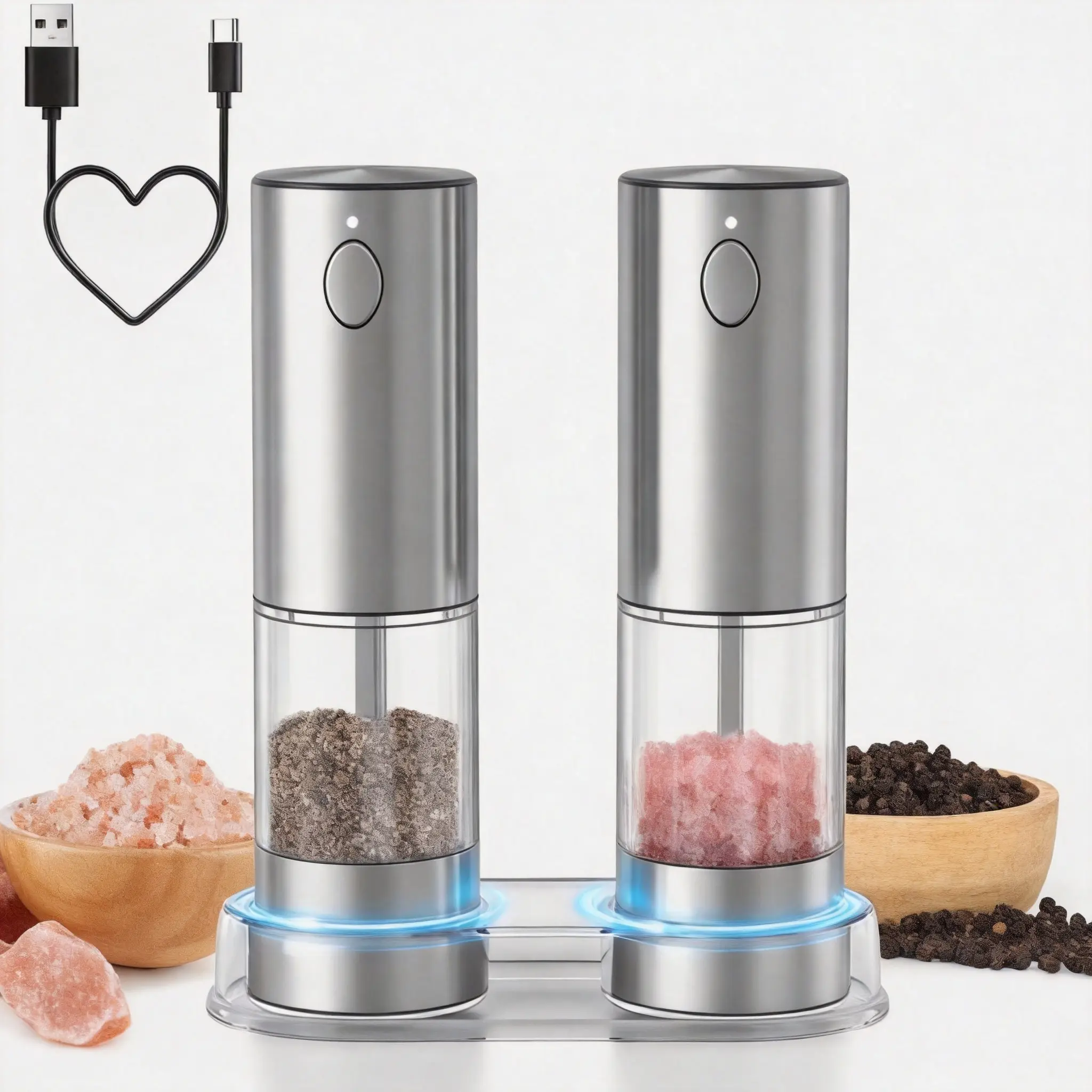 Rechargeable Stainless Steel Salt and Pepper Grinder Set with LED Lights - 5 Adjustable Coarseness Ceramic Grinders, High-Capacity Kitchen Gadgets, Washable Salt Dispenser, Sustainable Contact Parts, Gift-Ready Containers & Box for Christmas, Utensils