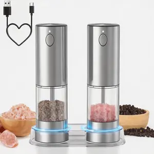 Summervibes Salt and Pepper Grinder Set Rechargeable with LED lights, Stainless Steel Automatic Pepper and GlowUp Salt Grinder Refillable with 5 Adjustable Coarseness Ceramic Kitchen Seasoning Utensils Sustainable Contact Parts fathersdaygiftid