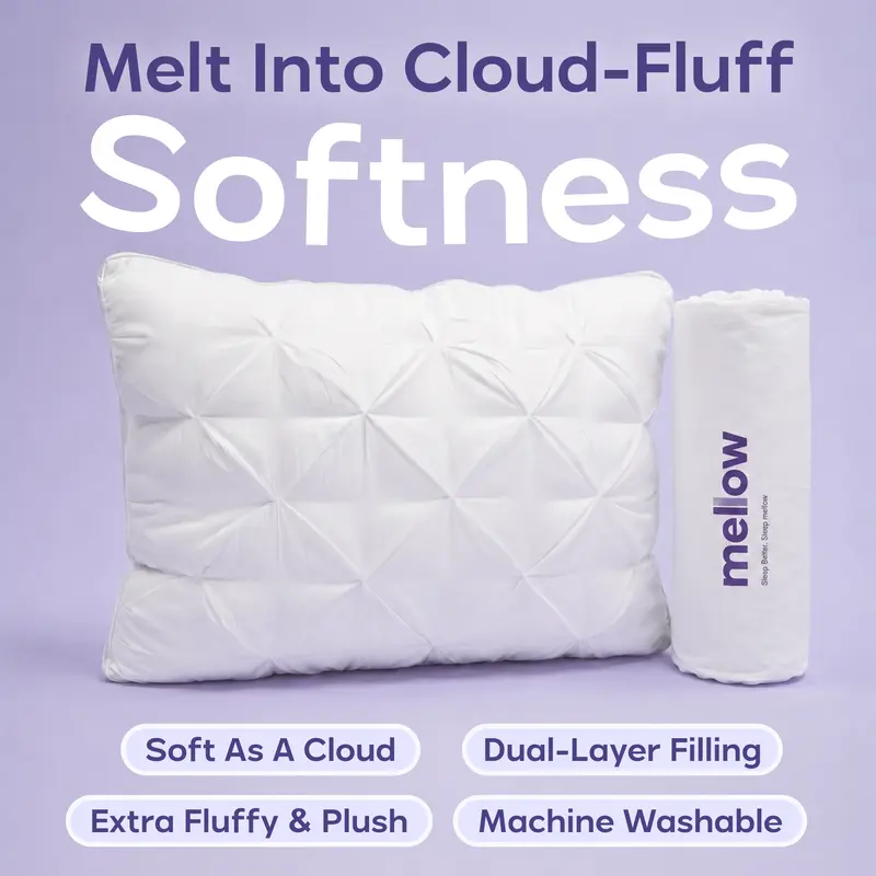 Mellow Sleep | Ploof Pillow – Extra-Fluffy Dual-Layer Pillow, Cloud-Like Soft Plush Bed Pillow with Breathable Support, Never Flat, Neck-Cradling Comfort for Side, Back & Stomach Sleepers, Machine Washable