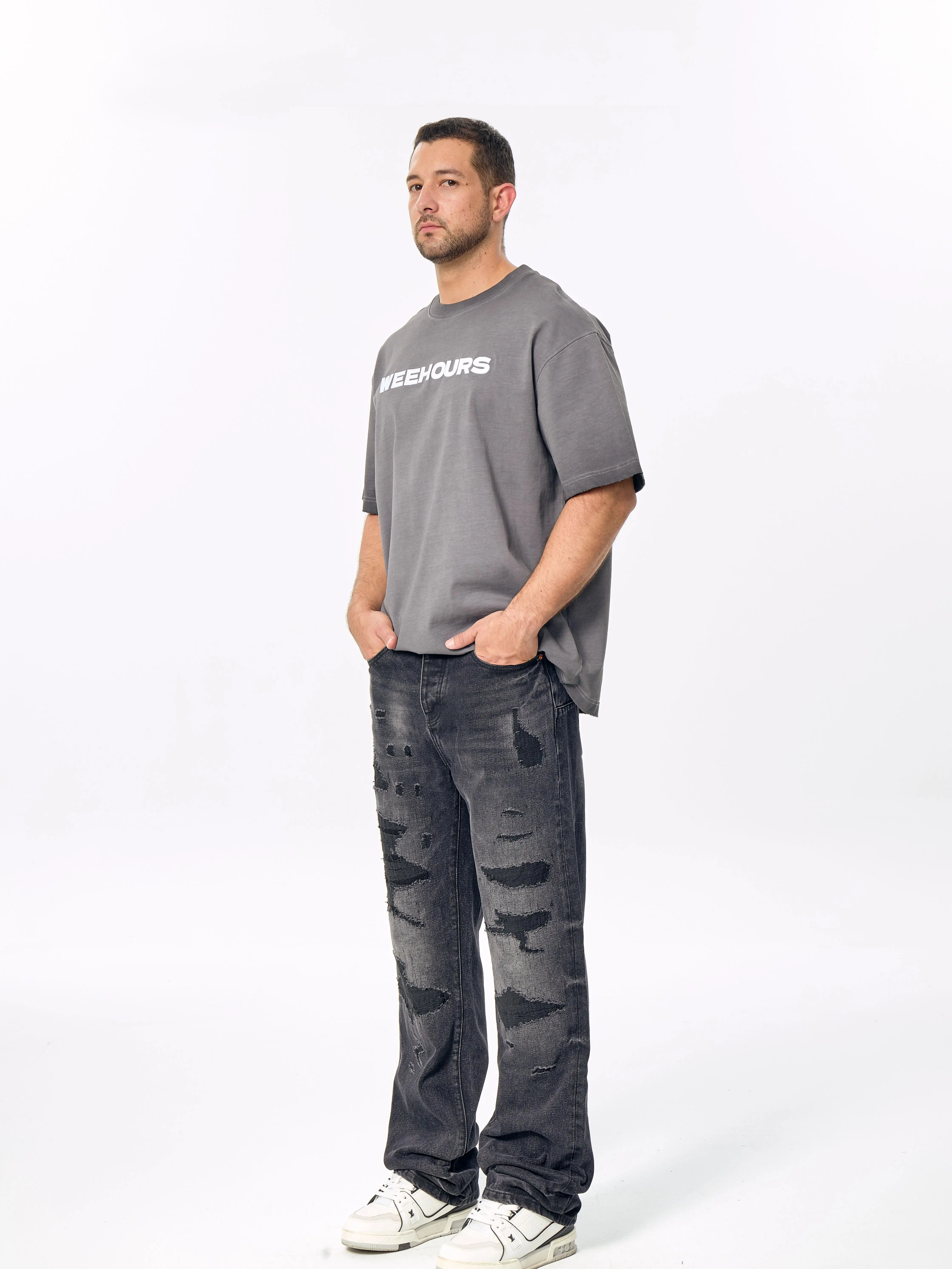 WEEHOURS WK16 Salt Washed Wide Leg Jeans – Heavyweight Charcoal Grey Denim  Breathable Menswear Leather