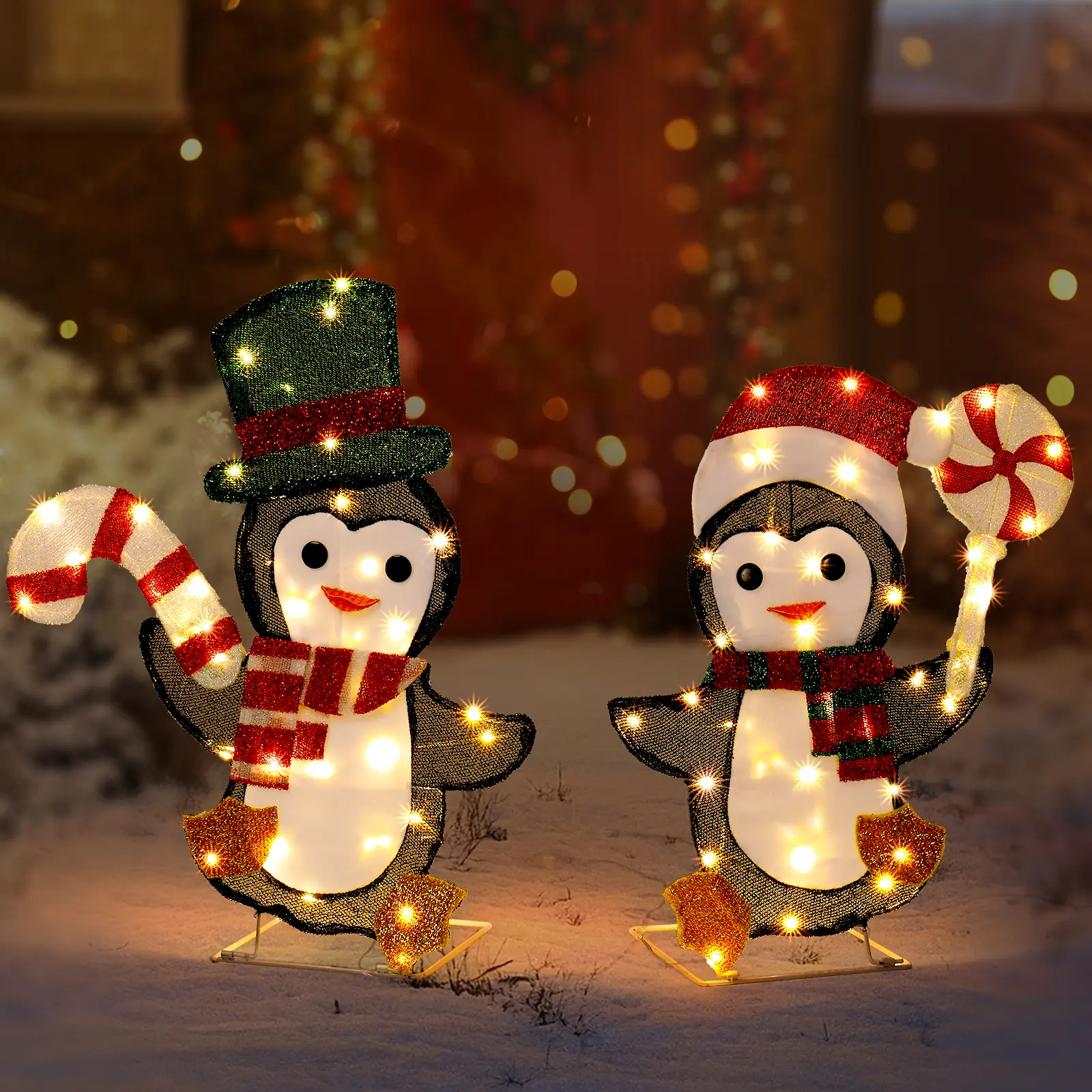 Set of 2 Lighted Penguin and Candy Cane Christmas Decorations, Pre-lit 2D Holiday Decor with 80 Warm White LED Lights for Xmas Outdoor Indoor Decor Lighted Holiday Displays