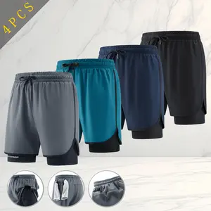 Four-piece set of faux two-piece sports shorts, simple, stylish, and practical. Side pockets hold your phone, towel hook convenient for wiping sweat. Breathable quick-dry fabric suitable for gym workouts, running, or everyday wear.