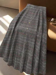 Women's High Waist Plaid A-Line Midi Skirt Button Front Vintage Dark Academia Preppy Style Office Workwear Business Casual Formal Elegant Modest Flowy Tartan Checked Bottoms Classic Daily Outfits Flattering Fit Old Money Aesthetic Spring Viral Womenswear