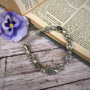 Marian Medallion Miraculous Medal Rosary Decade Bracelet Silver Catholic Jewelry with Detailed Charms and Religious Symbols