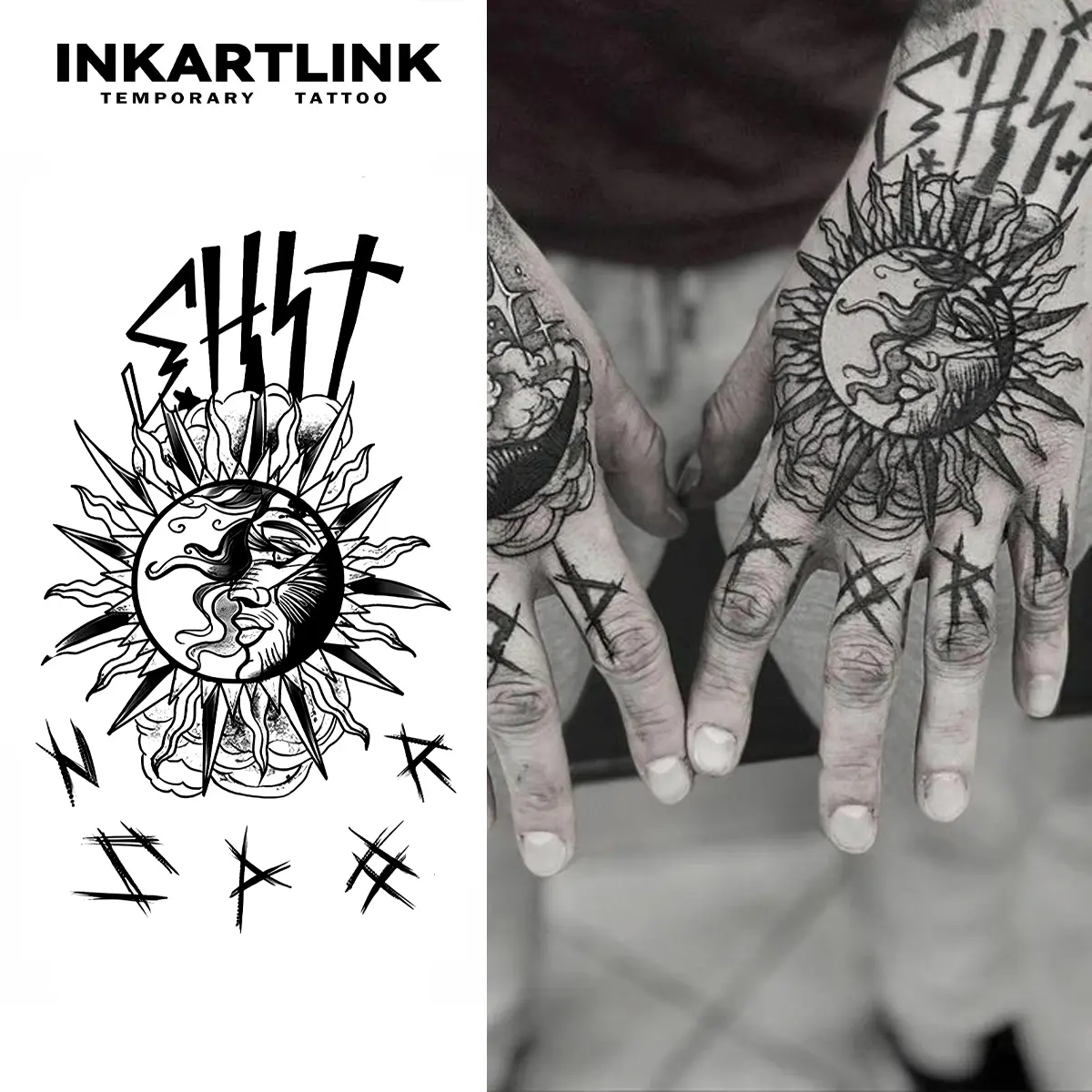 INKARTLINK Tattoo Tech, 2 Sheets Large Semi Permanent Tattoo, Adult Art Design Temporary Tattoos, Lasts 1-2 Weeks, Waterproof, Realistic Look, No Adhesive, No Reflection (Sun God)
