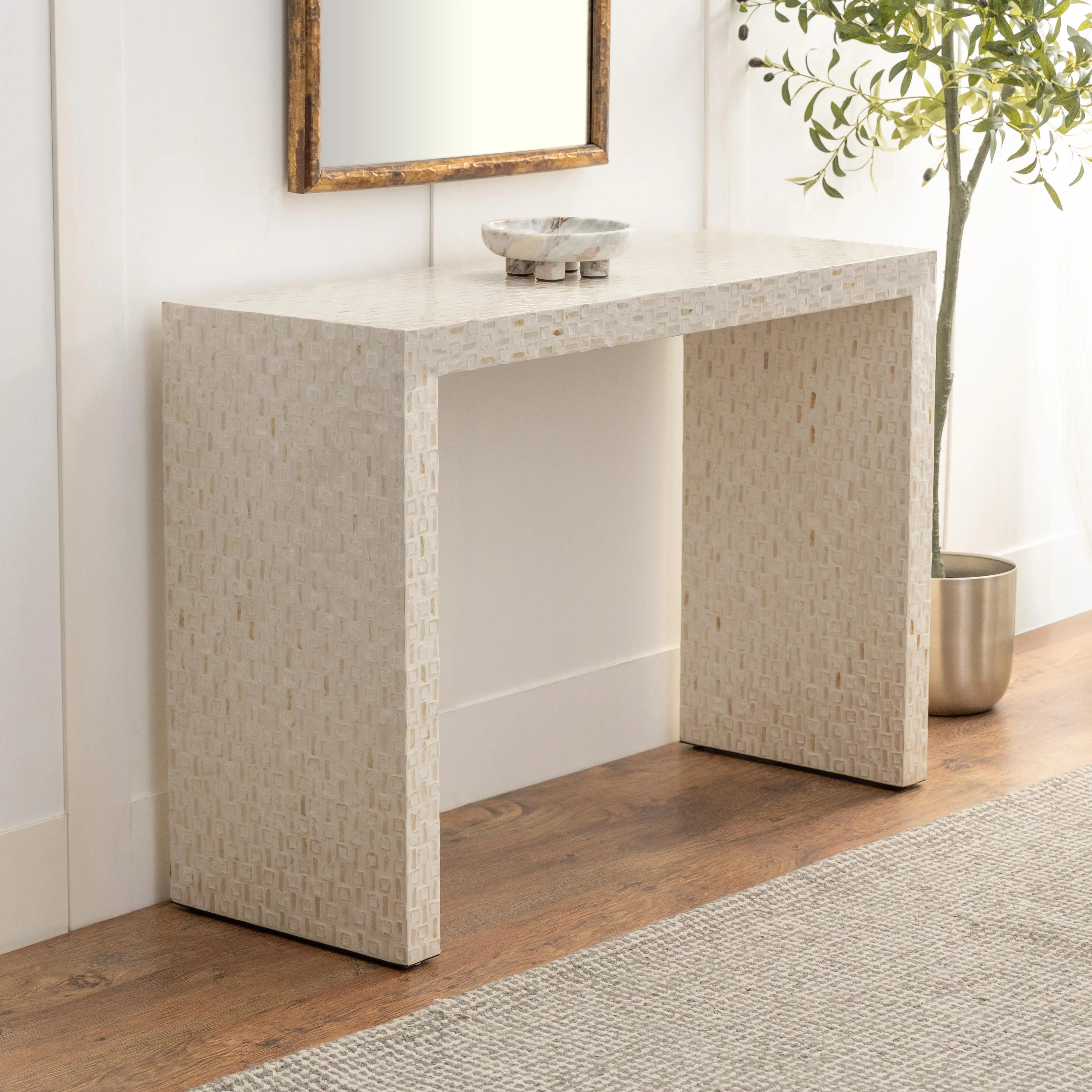 Contemporary 1-Piece Rectangular Cream Capiz Shell Handmade Mosaic Inset Living Room Console Table, Fully Assembled, 44" x 16" x 31", One Piece