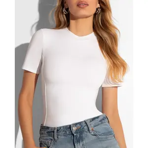 Women's Basic Minimalist Sculpted Short-Sleeve Tee - Spandex-Infused Stretchy Shapewear Fabric, Casual White Top
