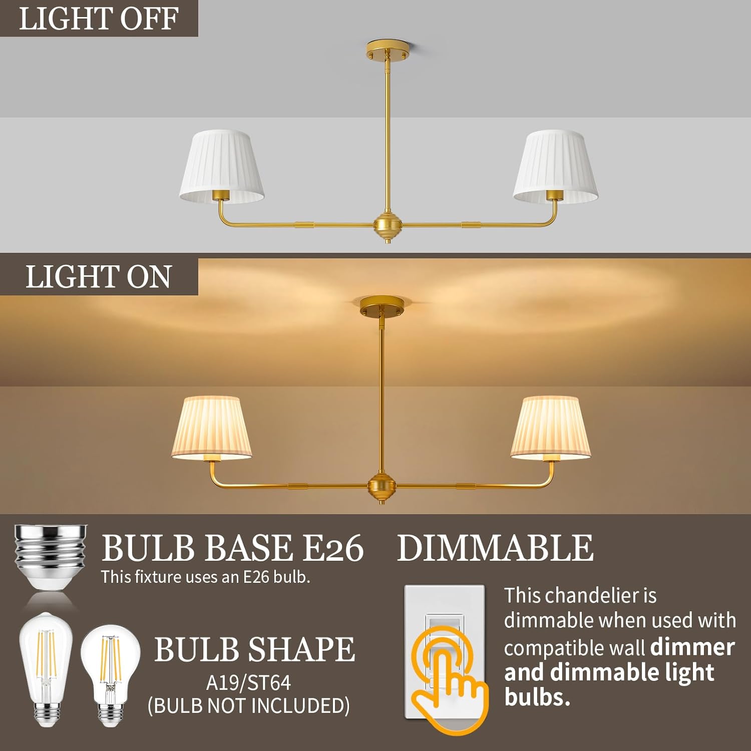 Karjear Gold Linear Chandelier, 43.3" Modern Double Kitchen Island Light with White Fabric Shade for Dining Room Restaurant Living Room