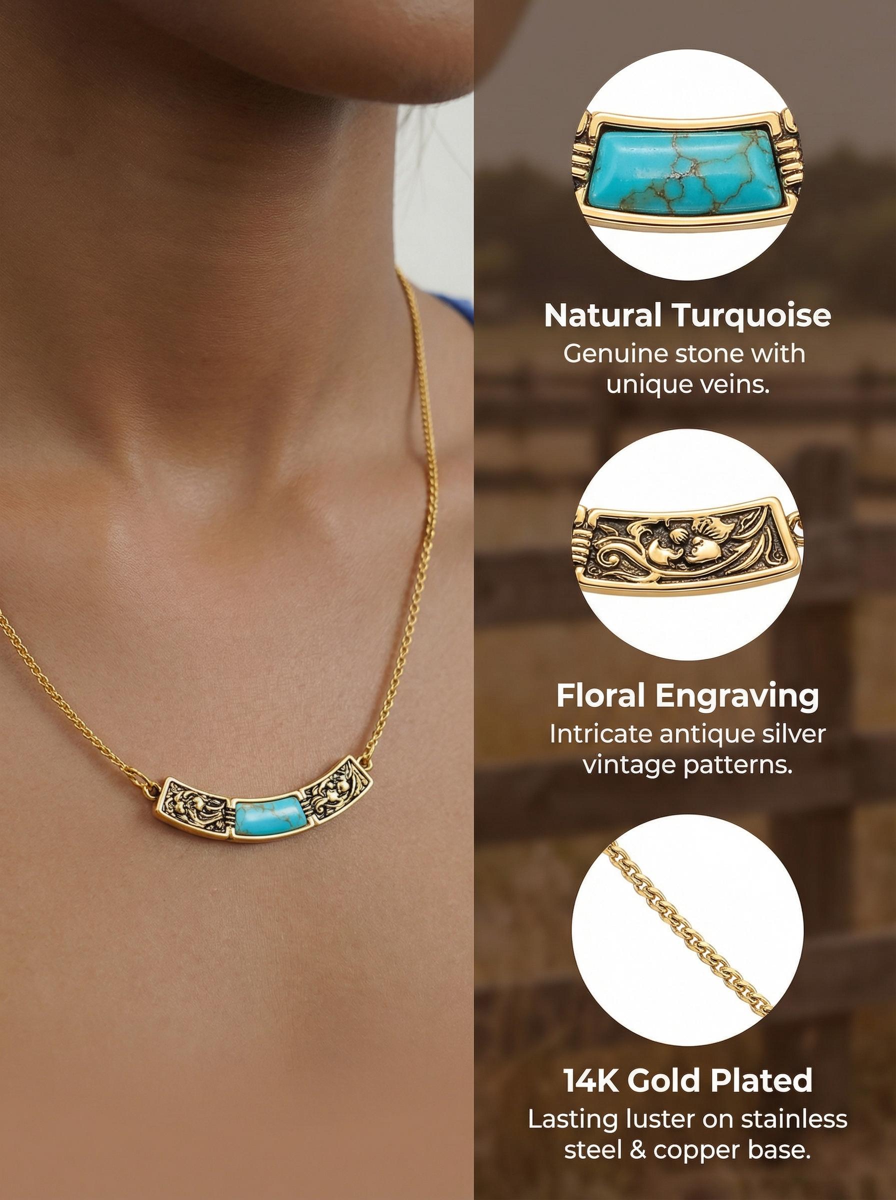 Wrangler Western Pendant Necklace for Women 14K Gold Statement Carvings Turquoise Cowgirl Vintage Jewelry Hypoallergenic Stainless Steel & Copper Adjustable Lobster Clasp