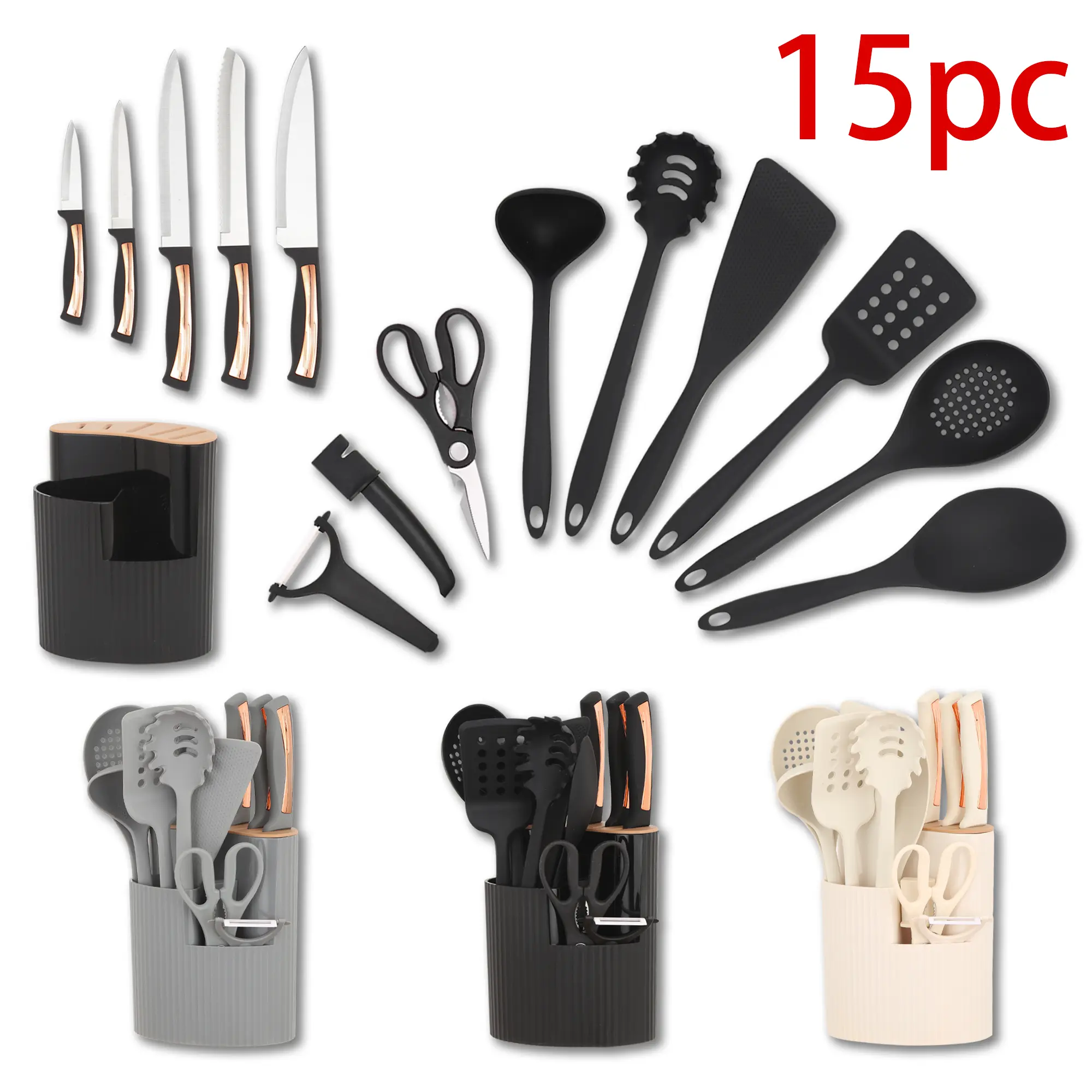 15pc Aesthetic Black-Rose Gold Steel & Silicone Knives & Utensil Set | Ideal for Kitchen Upgrade, Perfect Gift Idea #TikTokShopFinds