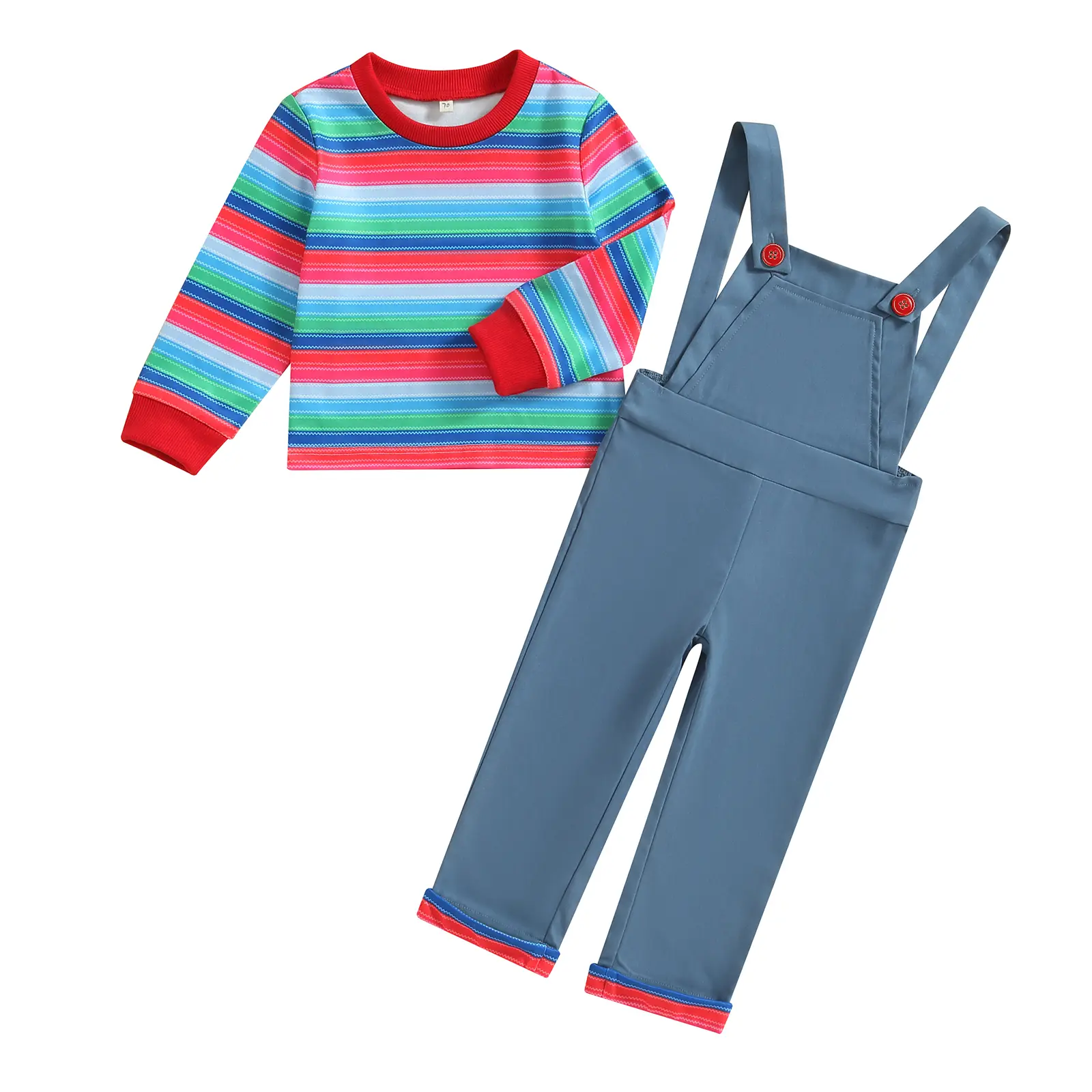 Toddler Kids Baby Boy Girl Halloween Chucky Costume Long Sleeve Striped Top and Suspender Pants Set Cosplay Outfits