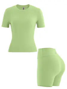 Two-piece Set Women's Solid Short Sleeve Tee & High Waist Shorts Tracksuit Set, Breathable Tight-fitting Crew Neck T-shirt & Skinny Shorts Set for Yoga Workout Running, Gym Clothing, Minimalistic Outfit, Black Girl Outfits Fall Outfits, Clothes for Women