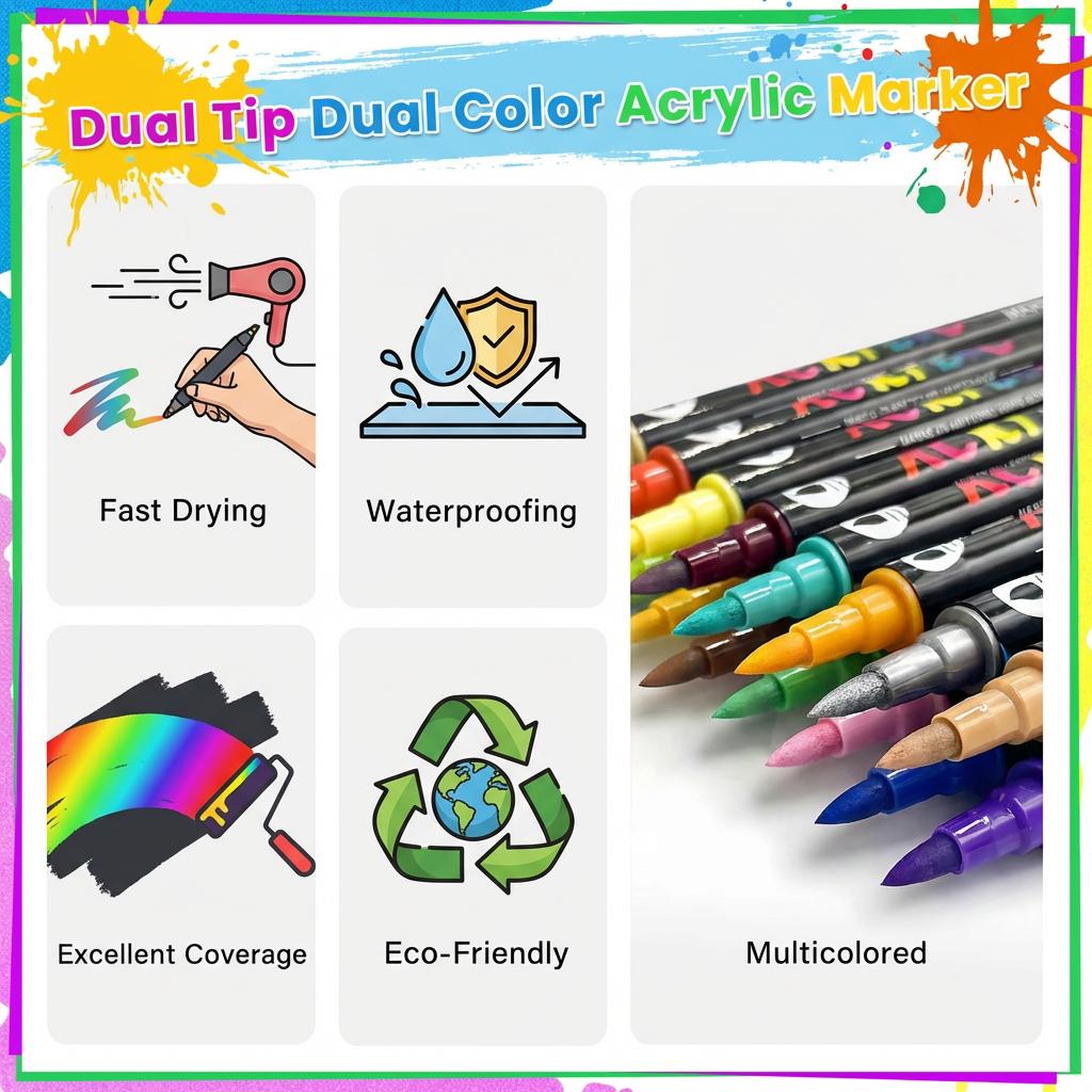 24Colors Dual Tip Acrylic Paint Pens for Rock & Glass Painting, Free Coloring Book, Creative DIY Art Gifts