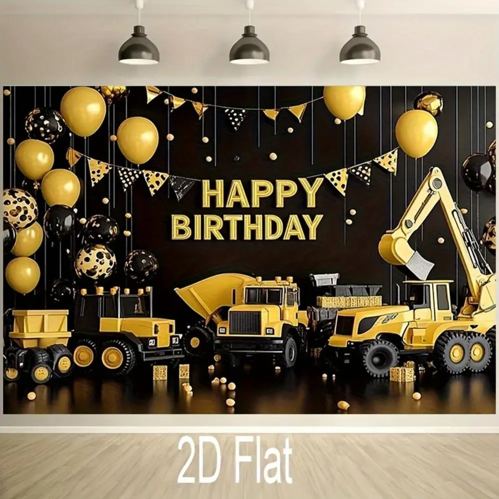 Large Polyester Construction Theme Birthday Backdrop Set - Photo-Ready Boys’ Party Ready Ornaments with Happy Birthday Text, Trucks, Excavator, Balloons, Confetti, Heavy Machinery for Celebration Photo Booth, Banners & Supplies (Truck-Themed Fun)