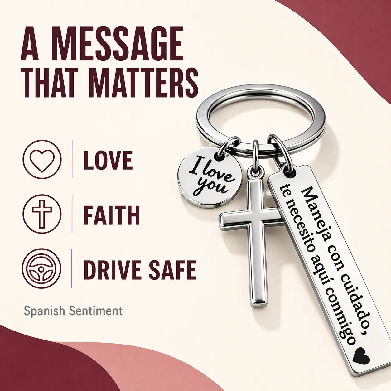 Stainless Steel Driving Safety Keychain with Engraved "Maneja Con Cuidado Te Necesito Aquí Conmigo" Message, Cross Charm & Love Symbol, Romantic Gift for Partner