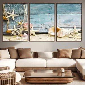 Seashells on Rustic Wooden Background, Seashells Wall Art