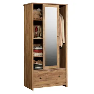 Sauder River Ranch Armoire with Regular Door, Safety-Tempered Glass Mirror, Garment Rod, 3 Adjustable Shelves, Spacious Bottom Drawer,