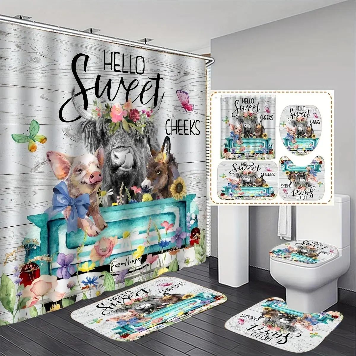 Farmhouse Bathroom Decor Set - 4-Piece Waterproof Multicolor Polyester Kit with Shower Curtains, Hooks, 70x70in Safe Nonslip Bath Mat, Toilet Lid Mat, U-Type Rug, Funny Slogan, Garden-Inspired Animal Motif for Restrooms