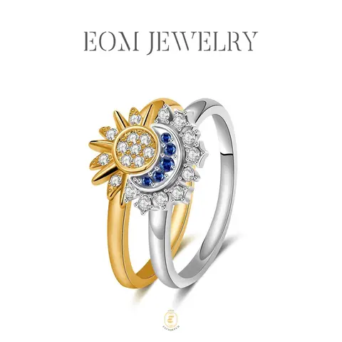 EOM Sun & Moon Ring Rhinestone Band White/Golden Metal Coating Romantic Gift for Couples Weddings Anniversaries