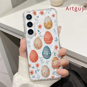 Magnetic Phone Case Supports Wireless Charging for  Samsung Galaxy S26 S23 Ultra S24 Plus FE S25 S22+ Easter Eggs Blooms Pattern Non-Yellowing Silicone Transparent Acrylic Large Hole Drop Protective Cover