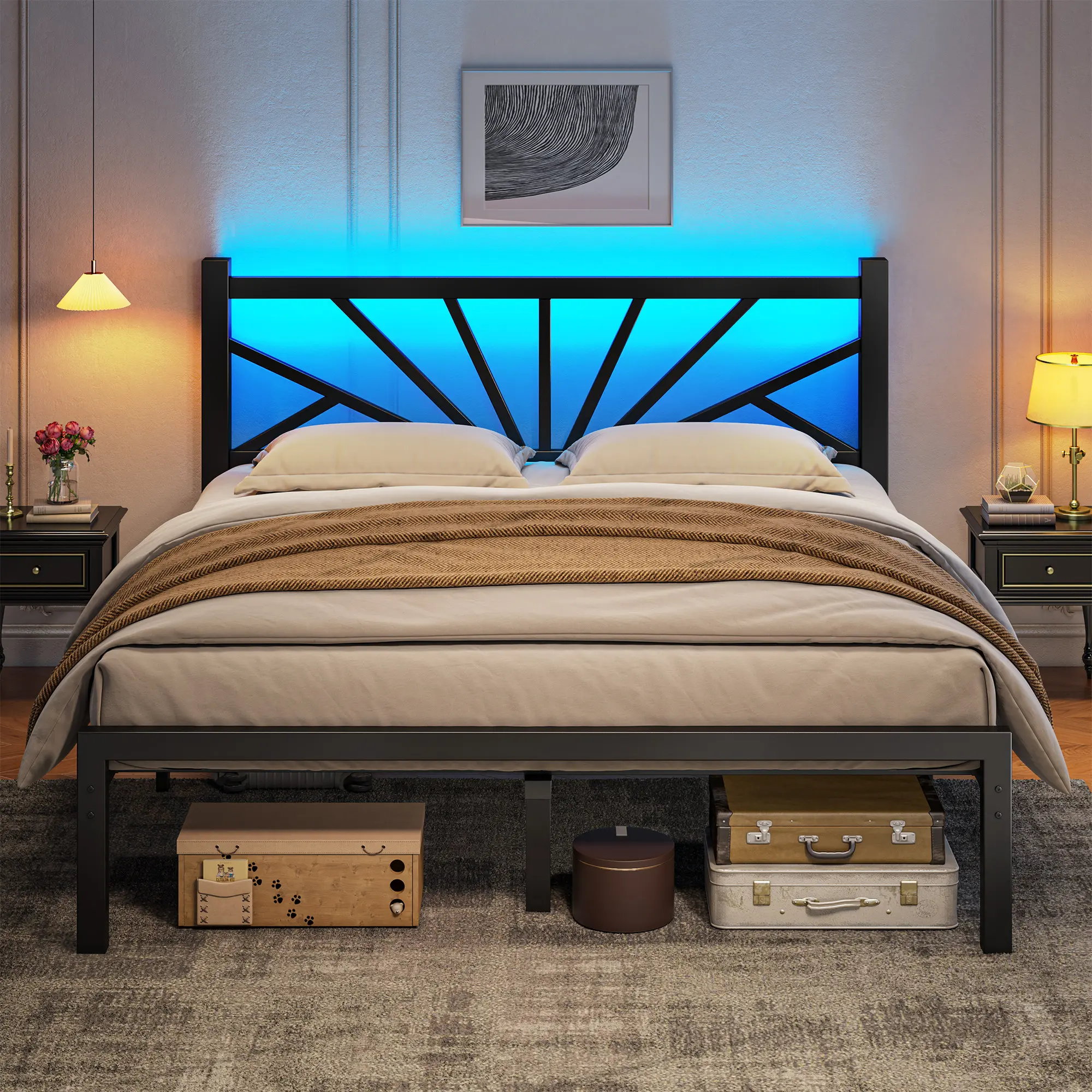 Homkdom Metal Bed Frame for Queen Size ,Heavy Duty Bed Frame with Headboard & LED Lights & Storage Space Under Frame, NO MATTRESS,Sturdy, No Box Spring Needed,Full,Twin,King