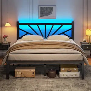 Homkdom Metal Bed Frame for Queen Size ,Heavy Duty Bed Frame with Headboard & LED Lights & Storage Space Under Frame, NO MATTRESS,Sturdy, No Box Spring Needed,Full,Twin,King