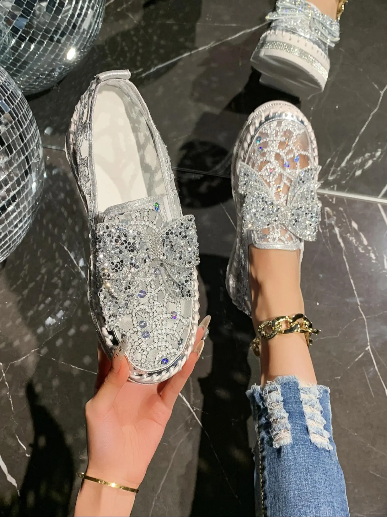 New Mesh Splicing Rhinestone Platform Shoes with Bow Design, Stylish and Comfortable Women’s Flats for Daily Wear